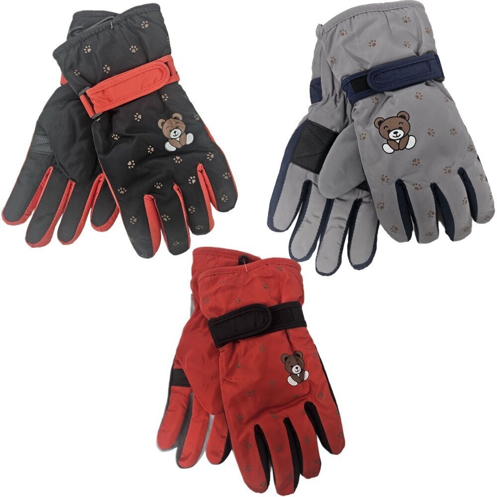 Boys Girls Winter Ski Gloves w/ Bear Print Lined Hook & Loop Waterproof, 3 Pairs